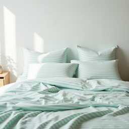 Mint Stripe Cotton Bedding Set 1 Duvet Cover & 2 Pillowcases Soft Checkered Cozy Bedroom Decor - thumbnail 3
