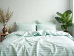 Mint Stripe Cotton Bedding Set 1 Duvet Cover & 2 Pillowcases Soft Checkered Cozy Bedroom Decor