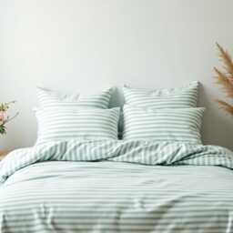 Mint Stripe Cotton Bedding Set 1 Duvet Cover & 2 Pillowcases Soft Checkered Cozy Bedroom Decor - thumbnail 4