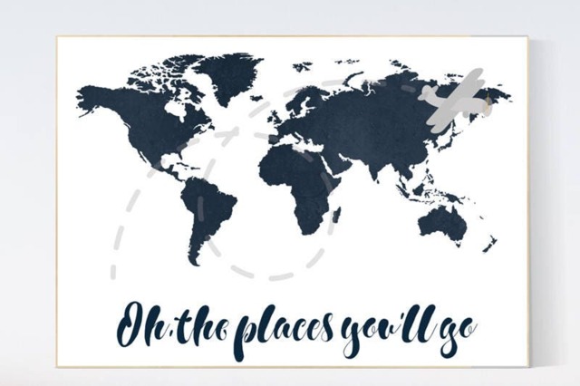 Navy Blue World Map Nursery Art Print Travel Theme - image 1