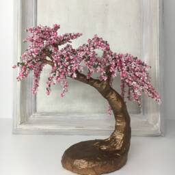 Beaded Cherry Blossom Bonsai Tree, Pink Sakura Sculpture - thumbnail 3