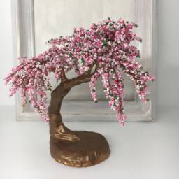Beaded Cherry Blossom Bonsai Tree, Pink Sakura Sculpture - thumbnail 1