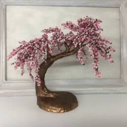 Beaded Cherry Blossom Bonsai Tree, Pink Sakura Sculpture - thumbnail 4