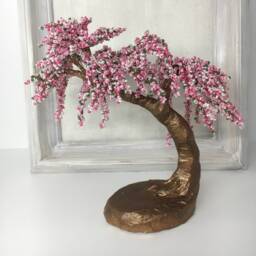Beaded Cherry Blossom Bonsai Tree, Pink Sakura Sculpture - thumbnail 2