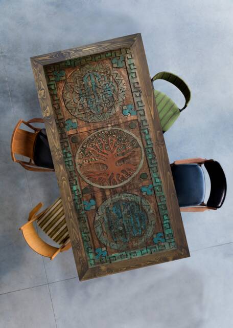Tree Of Life Wood Dining Table Rustic Hand Carved Design - image 1