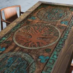 Tree Of Life Wood Dining Table Rustic Hand Carved Design - thumbnail 3