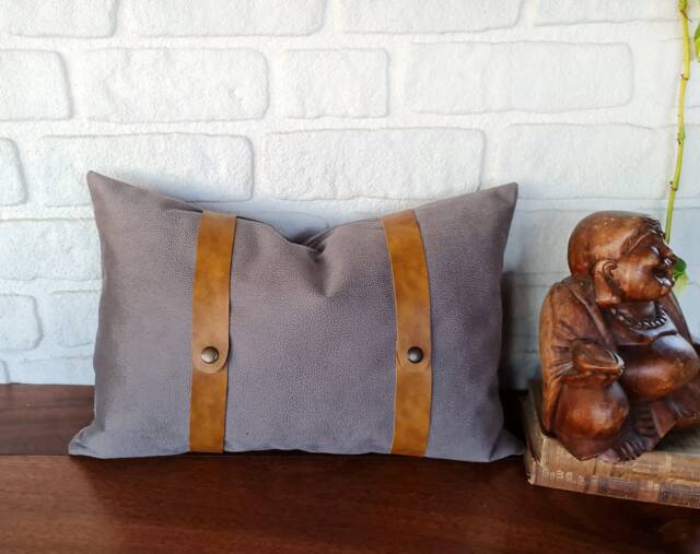 Gray Nubuck Pillow Cover With Camel Faux Leather Straps - image 1