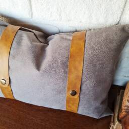 Gray Nubuck Pillow Cover With Camel Faux Leather Straps - thumbnail 3