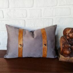 Gray Nubuck Pillow Cover With Camel Faux Leather Straps - thumbnail 2