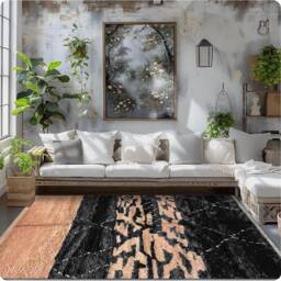 Peach & Black Moroccan Rug, Shag Custom Made Carpet, Large Area Berber Rug - thumbnail 2