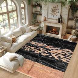 Peach & Black Moroccan Rug, Shag Custom Made Carpet, Large Area Berber Rug - thumbnail 3