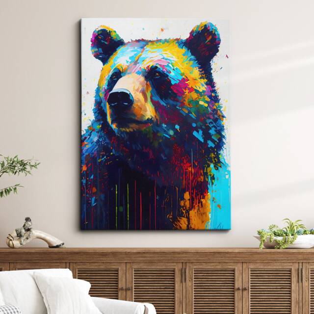 Colorful Bear Animal Abstract Oil Painting Splatter Style Wall Art, Framed Canvas Poster Print, Home Kitchen Office Room Decor, Gifts - image 1