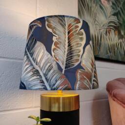 Tropical Leaves Blue Velvet Tapered Lampshade, Botanical & White Lining - thumbnail 1