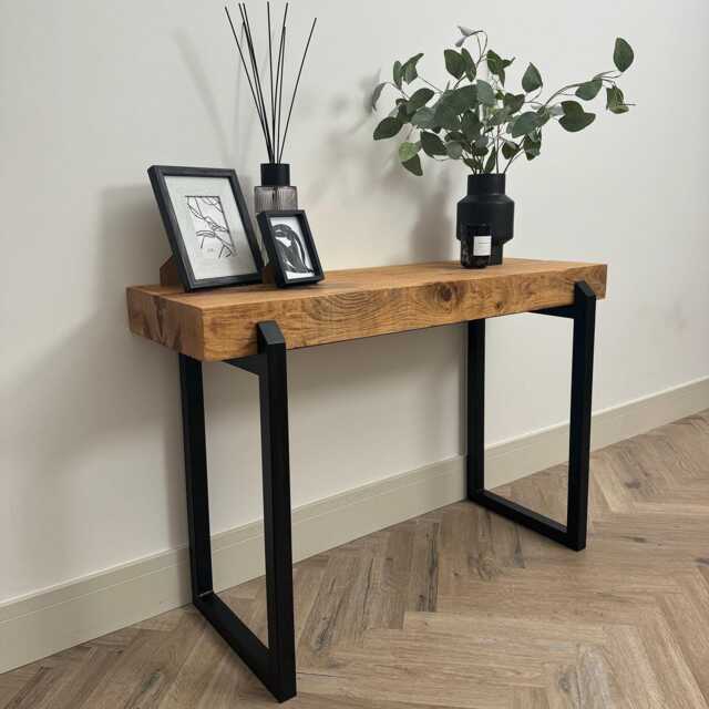 Industrial Pinch Console Table With Reclaimed Oak Sleeper Top. Thick Rustic Wood Hallway Table Steel Frame Handmade in Any Size - image 1