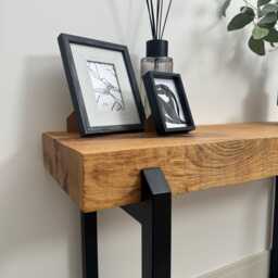 Industrial Pinch Console Table With Reclaimed Oak Sleeper Top. Thick Rustic Wood Hallway Table Steel Frame Handmade in Any Size - thumbnail 3