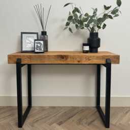 Industrial Pinch Console Table With Reclaimed Oak Sleeper Top. Thick Rustic Wood Hallway Table Steel Frame Handmade in Any Size - thumbnail 2