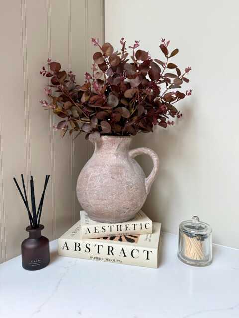 Rustic Brown Stone Jug Vase - Distressed Concrete Effect Farmhouse Neutral Home Decor - image 1