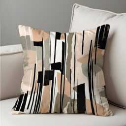 Neutral Abstract Stripes Throw Pillow Cover, Modern Black & Beige Brushstroke Cushion Case For Sofa Or Bed, Minimalist Home Decor Accent - thumbnail 4