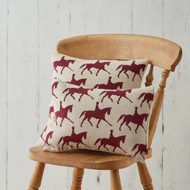 Hand Screen Printed Dressage Horse Linen Cushion Burgundy Gift House Countryside - image 1