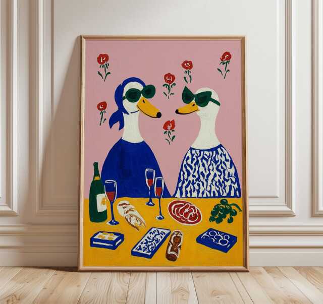 Whimsical Duck Dinner Art Print, Retro Animal Poster, Wall With Wine & Food, Playful Kitchen Bar Decor - image 1