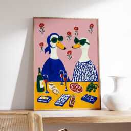 Whimsical Duck Dinner Art Print, Retro Animal Poster, Wall With Wine & Food, Playful Kitchen Bar Decor - thumbnail 2