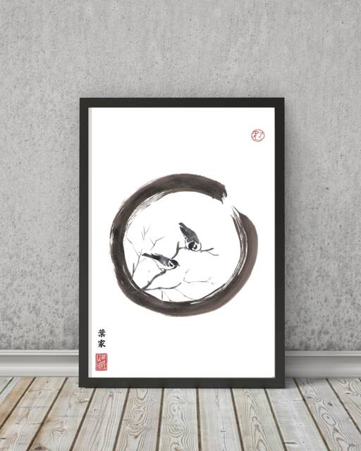 Sumi-E Birds Print Japanese Enso Circle Art - Sparrows Ink Illustration - image 1