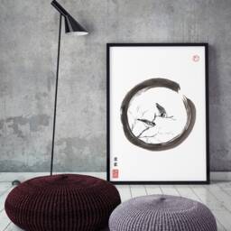 Sumi-E Birds Print Japanese Enso Circle Art - Sparrows Ink Illustration - thumbnail 2
