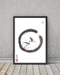 Sumi-E Birds Print Japanese Enso Circle Art - Sparrows Ink Illustration - thumbnail 1