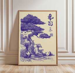 Panda Poster Chinese Ink Wall Art - Minimalist Zen Style Print With Monk, Tree & Pandas For Calm Home Decor Unframed - thumbnail 1