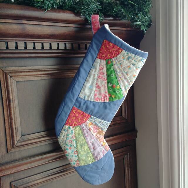 Quilted Christmas Stocking, Blue & Red Vintage Patchwork Holiday 18 Inch Gender Neutral - image 1