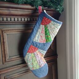 Quilted Christmas Stocking, Blue & Red Vintage Patchwork Holiday 18 Inch Gender Neutral - thumbnail 1