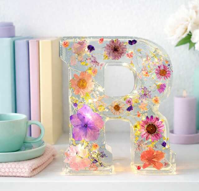 Resin Flower Letters With Fairy Lights - Handmade Floral Initial Home Decor - image 1
