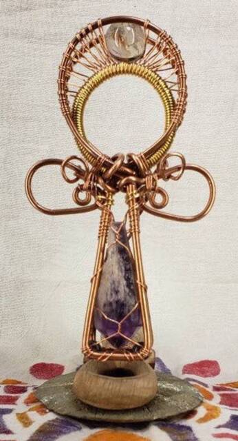 Crystal Amethyst Ankh, Clear Quartz Sphere, Wire Wrapped - image 1