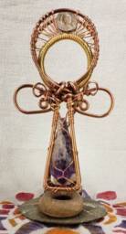 Crystal Amethyst Ankh, Clear Quartz Sphere, Wire Wrapped - thumbnail 1