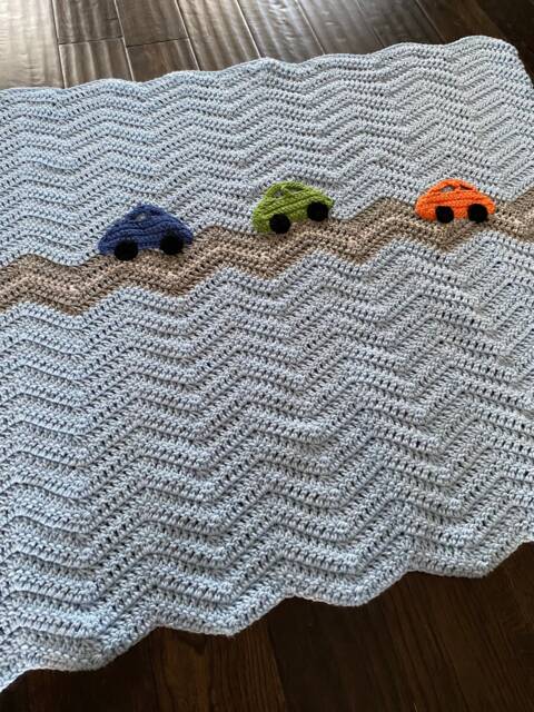Cars Baby Blanket - Blue Race Car Boy Afghan Crochet Shower Gift - image 1