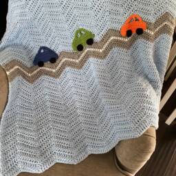Cars Baby Blanket - Blue Race Car Boy Afghan Crochet Shower Gift - thumbnail 2