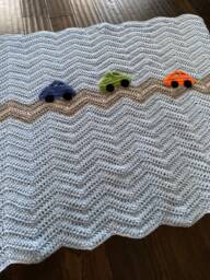 Cars Baby Blanket - Blue Race Car Boy Afghan Crochet Shower Gift - thumbnail 1