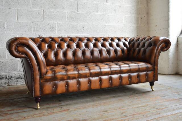Handmade 3 Seater Antique Tan Leather Chesterfield Sofa, Couch, Settee - Other Colours + - image 1