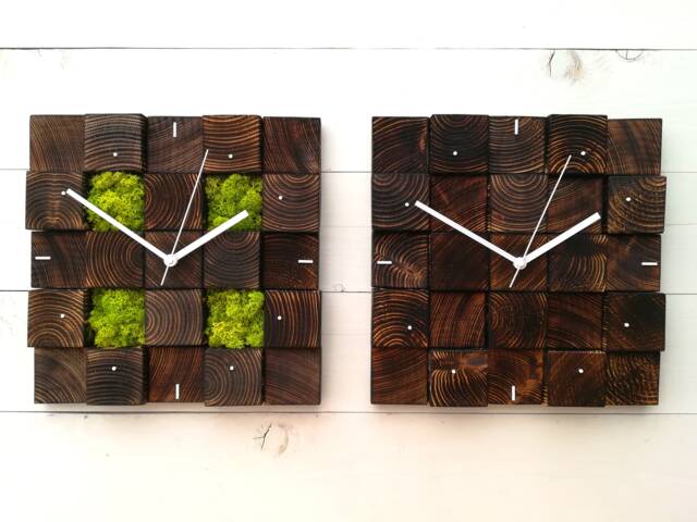 Square Wooden Wall Clock With Moss Biophilic Nordic Decor - image 1
