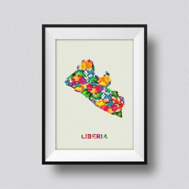 Liberia Map Watercolor Art Print Ink Splash Poster Canvas, Print