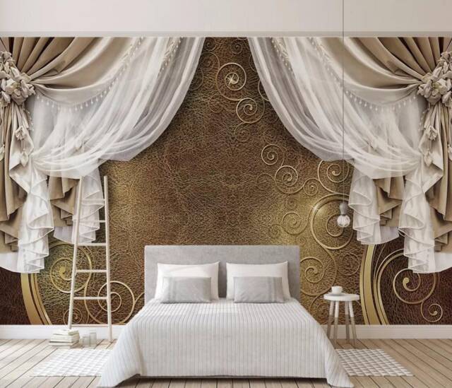 3D Curtains Wallpaper, European Wall Mural, Elegant Decor - Peel & Stick - image 1