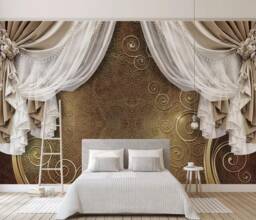3D Curtains Wallpaper, European Wall Mural, Elegant Decor - Peel & Stick
