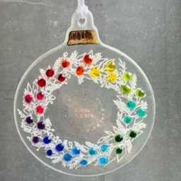 Fused Glass Christmas Bauble Multi-Color Berry Wreath, 22Ct Gold Detail - thumbnail 3