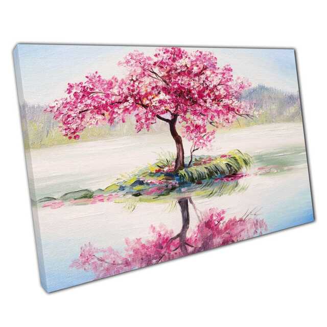 Serene Sakura Cherry Blossom Lake Landscape Canvas Print - Japanese Spring Scenery Wall Art - image 1