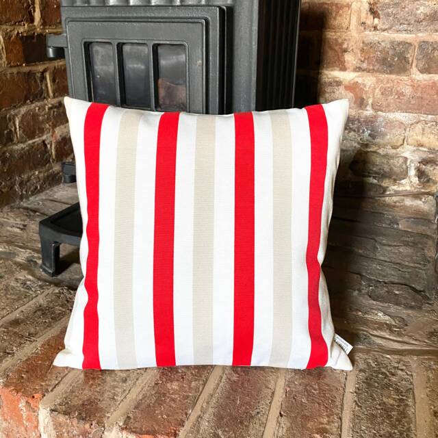 1091. Handmade Red Beige Stripe 100% Cotton Cushion Cover, 16x16 - image 1