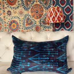 Blue Velvet Ikat Pillow Cover, Handloom Silk Cushion - thumbnail 2
