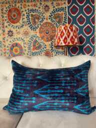Blue Velvet Ikat Pillow Cover, Handloom Silk Cushion - thumbnail 1