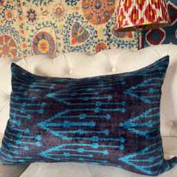 Blue Velvet Ikat Pillow Cover, Handloom Silk Cushion - thumbnail 3