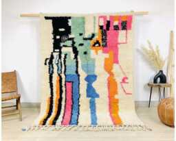 Moroccan Ivory Berber Rug, Authentic Beni Ourain Carpet, Large 9x12 Area Handwoven Wool Shag Rug With Abstract Figure Stripes - thumbnail 1