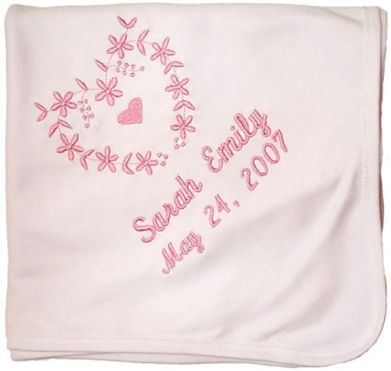 Pink Cotton Interlock Baby Blanket With Heart Flower Embroidery & Personalized